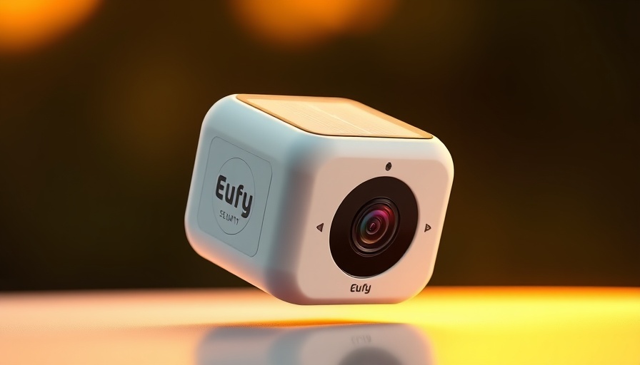 Eufy Security SoloCam E30 with solar panel background at sunset.