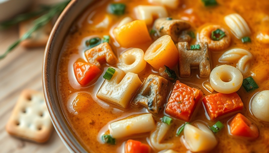 Close-up of delicious alphabet soup with vegetables for an easy recipe.