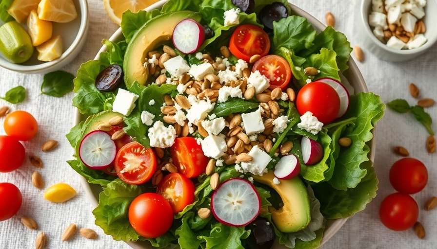 Vibrant summer salad recipe with fresh greens, avocado, and cherry tomatoes.