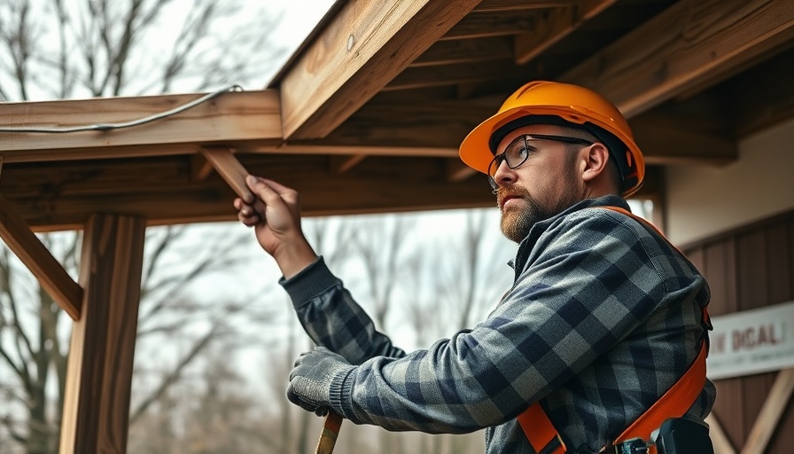 Prevent Pole Barn Roof Leaks: Worker repairing roof with tools.