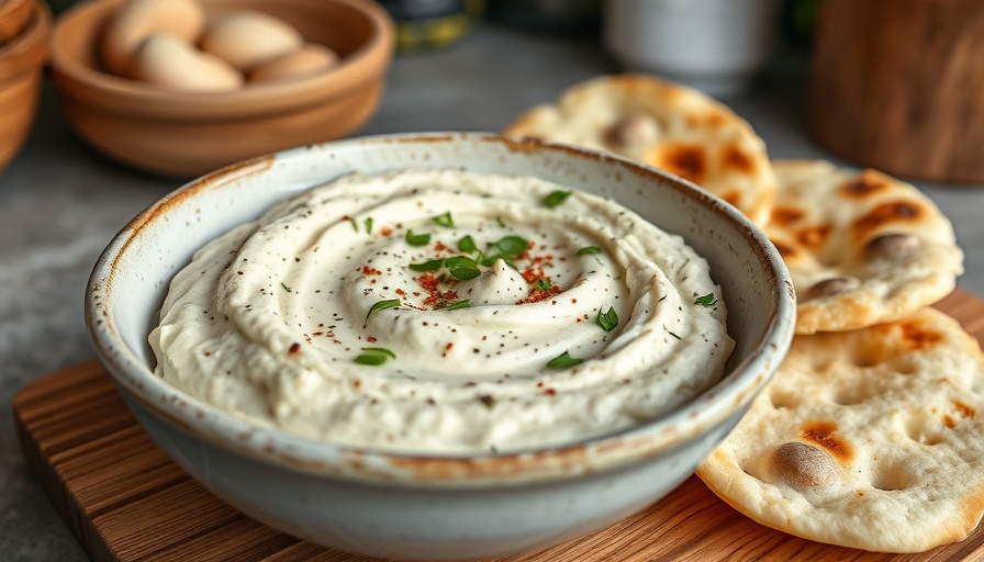 Homemade baba ganoush in a ceramic bowl garnished with spices.