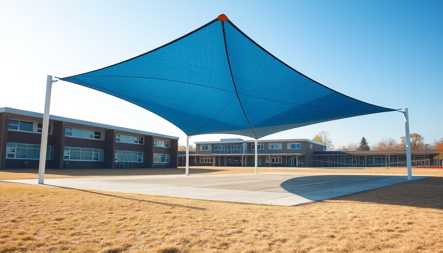 Large blue shade sails over school sports area, best shade sails for schools.