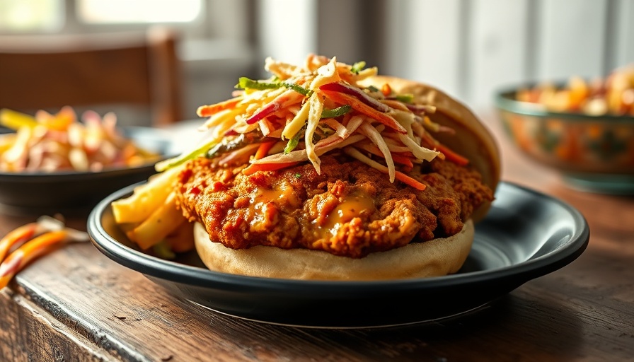 Hot honey chicken sandwich recipe with colorful coleslaw.
