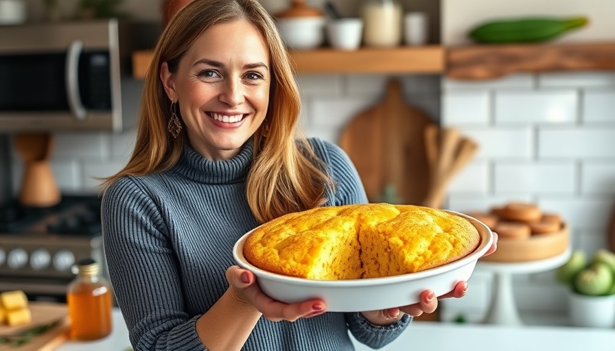 Moist gluten-free cornbread recipe with a woman holding a plate.