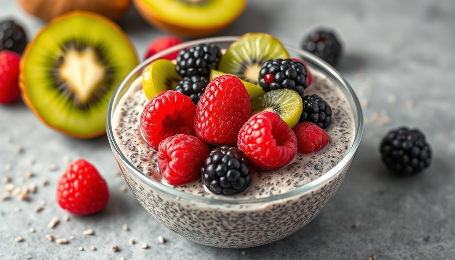 Colorful chia seed pudding recipe topped with berries and kiwi.