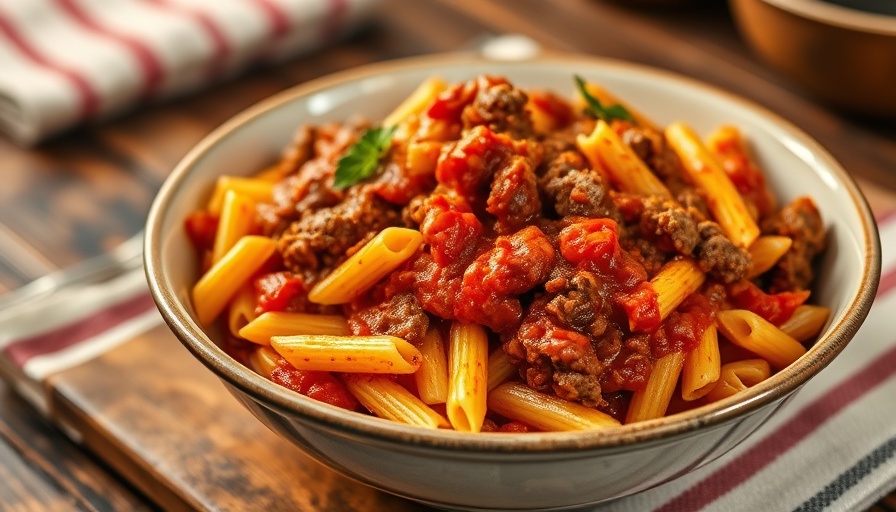 Easy homemade beefaroni recipe served in a white bowl.