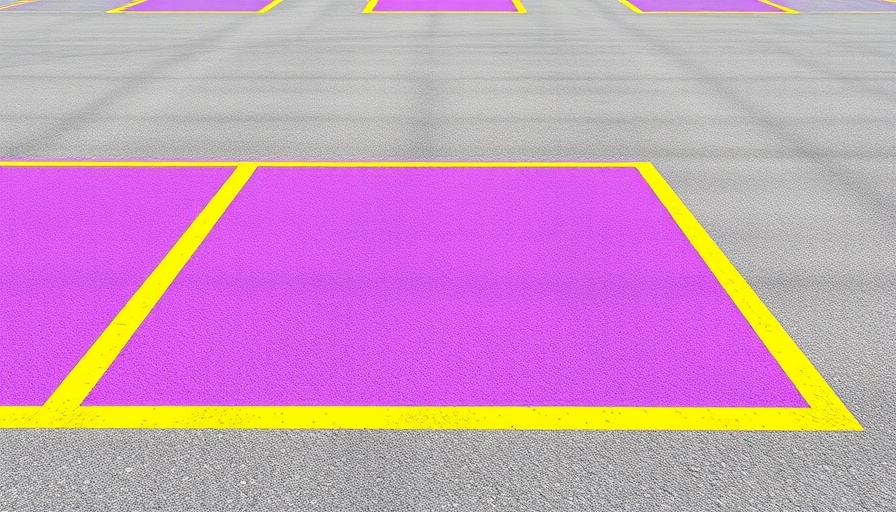 Purple parking space with yellow borders in a parking lot.