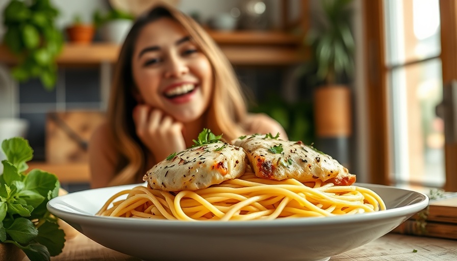 Delicious Crock Pot Tuscan Chicken with spaghetti, happy woman.