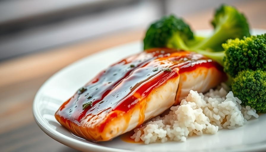 Easy Teriyaki Salmon with broccoli and rice on plate.