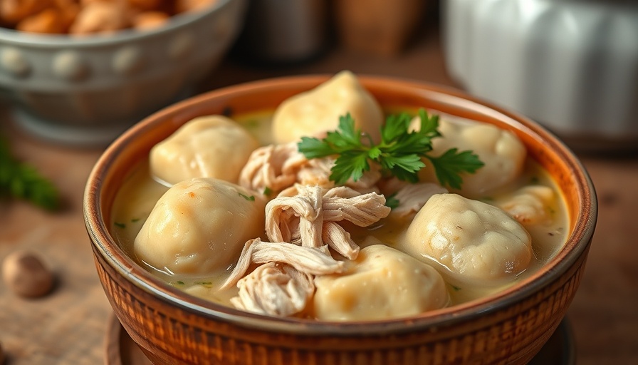 Comforting chicken and dumplings recipe in a bowl with parsley.