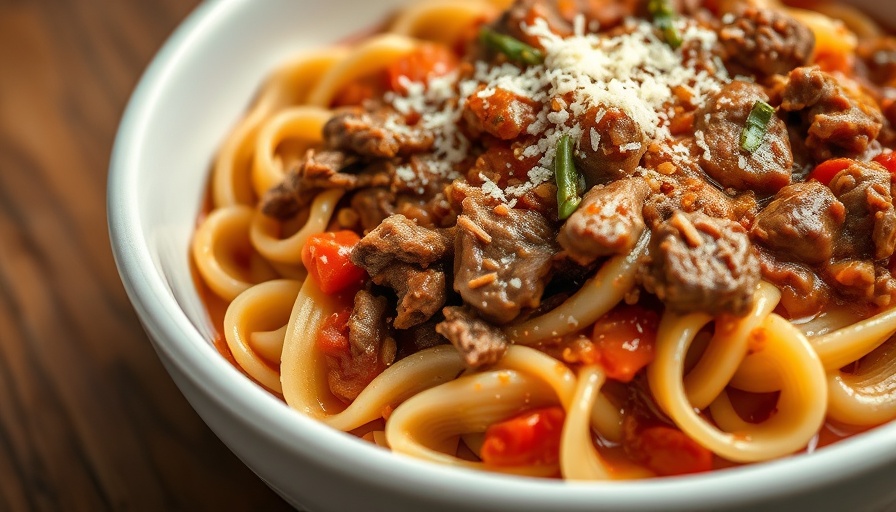 Delicious slow cooker beef ragu with pasta in white bowl.