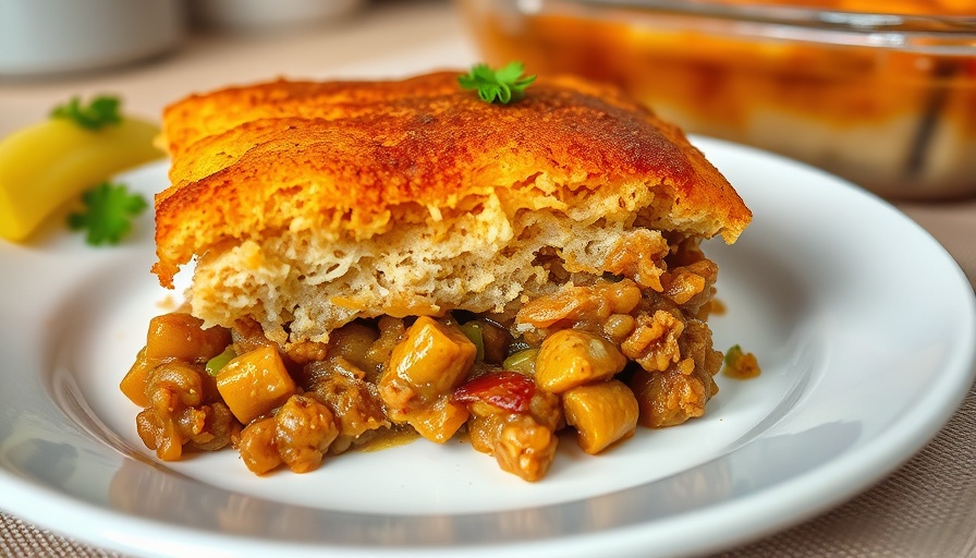 Appetizing one-dish tamale pie slice with cornbread topping.