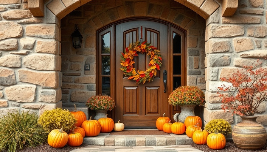 Charming stone entryway decorated for fall with wreath and pumpkins.