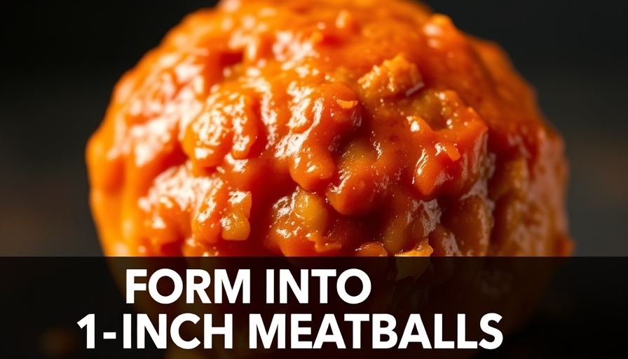 Buffalo chicken meatball with text overlay.