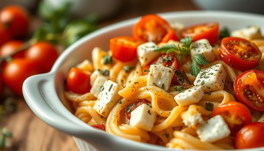 Baked feta pasta recipe with tomatoes and herbs in a casserole dish.