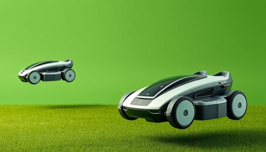 Futuristic Roborock outdoor robot mowers in sleek design.
