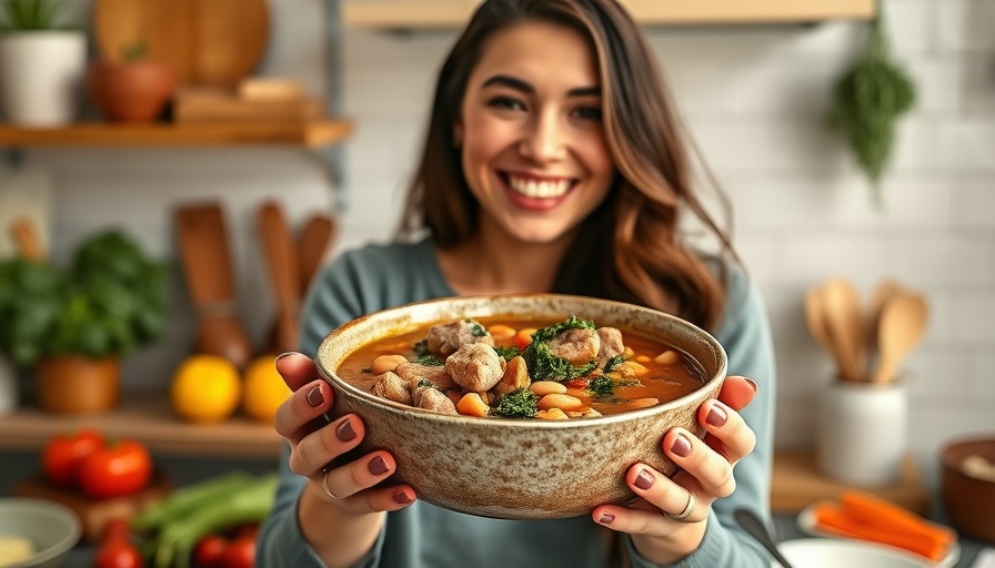 Cheerful woman enjoying sausage kale bean soup in a kitchen.