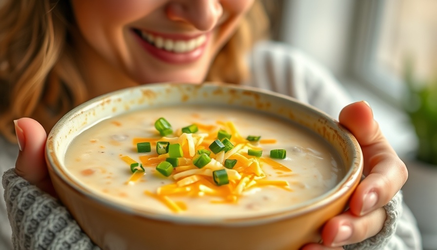 Best Slow Cooker Baked Potato Soup with a smiling woman holding a bowl.