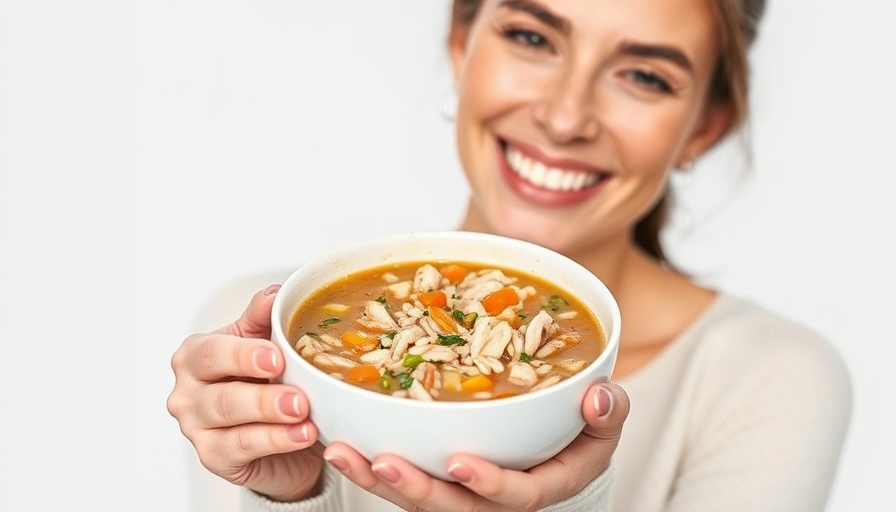 Woman enjoying a bowl of chicken and wild rice soup, bright background.