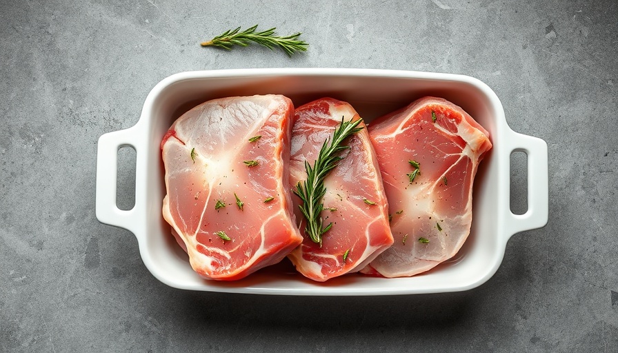 Pork chops marinating in brine with herbs in a white dish.