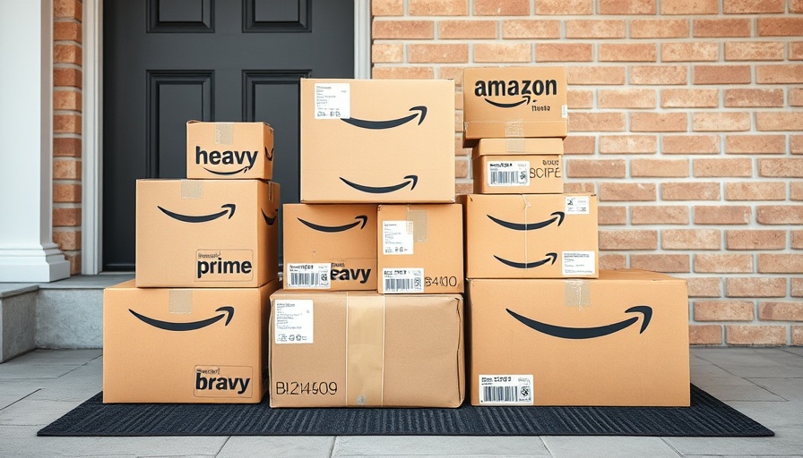 Amazon Prime packages stacked outdoors against a brick wall.