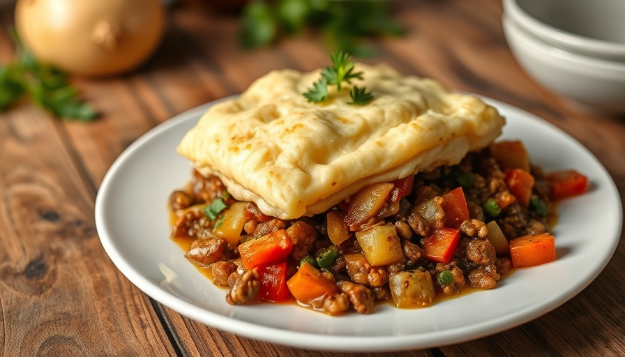 Slow Cooker Shepherd’s Pie topped with mashed potatoes and veggies on a plate.