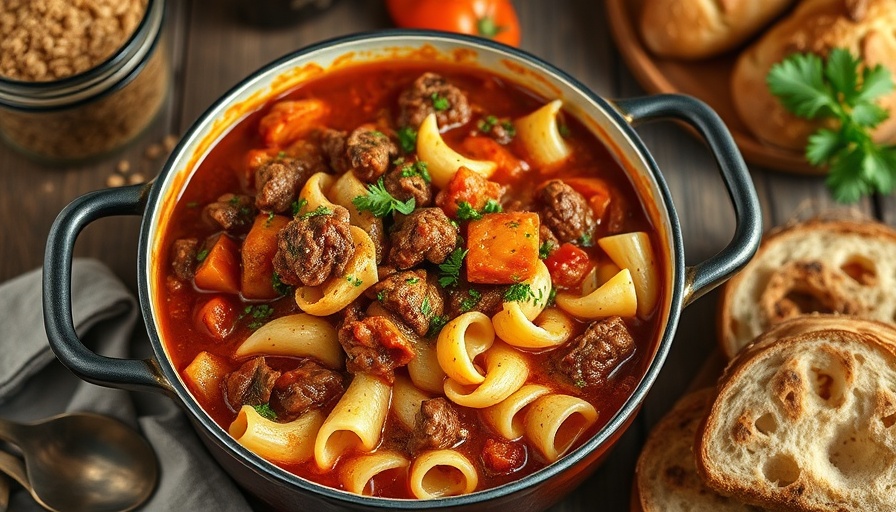 Hearty Grandma's Goulash Recipe in a pot with bread on the side.