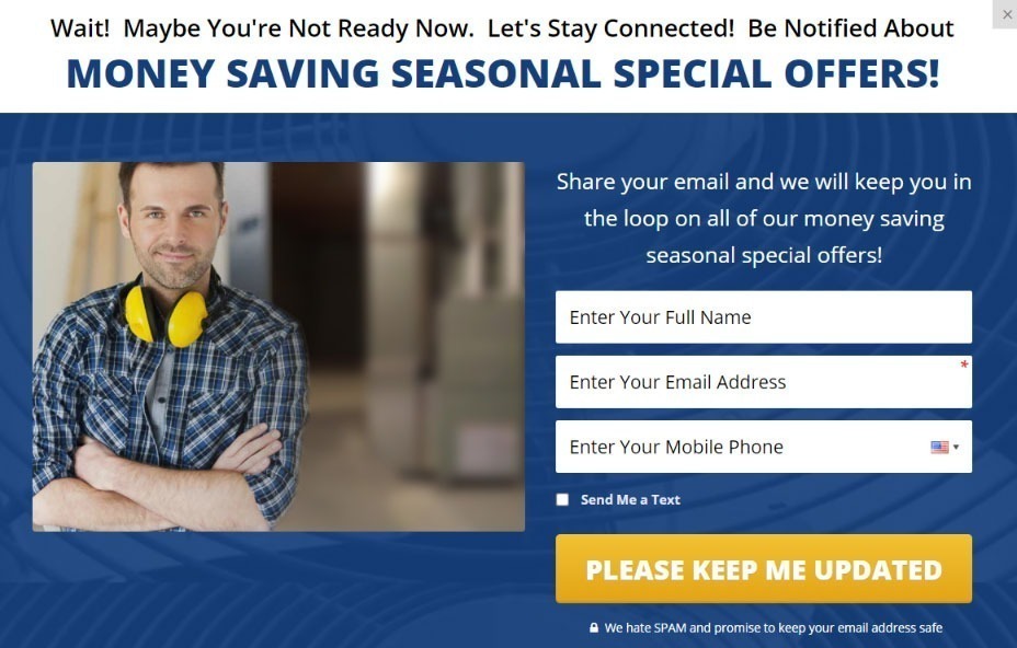 exit popup form on HVAC website.