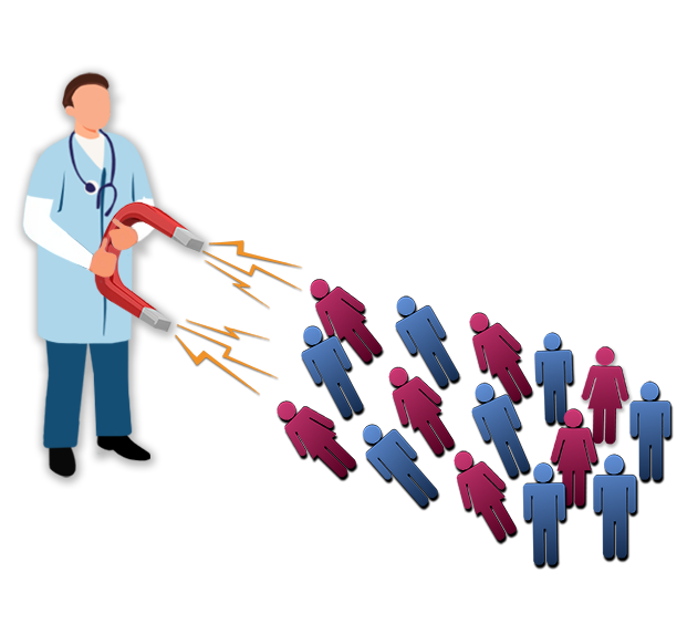 Doctor holding magnet attracting inactive patients.