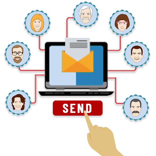 finger clicking on red button to send an email broadcast to medical services patients.