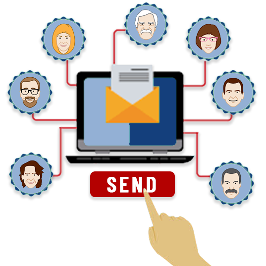 finger clicking on red button to send an email broadcast to home services customers.