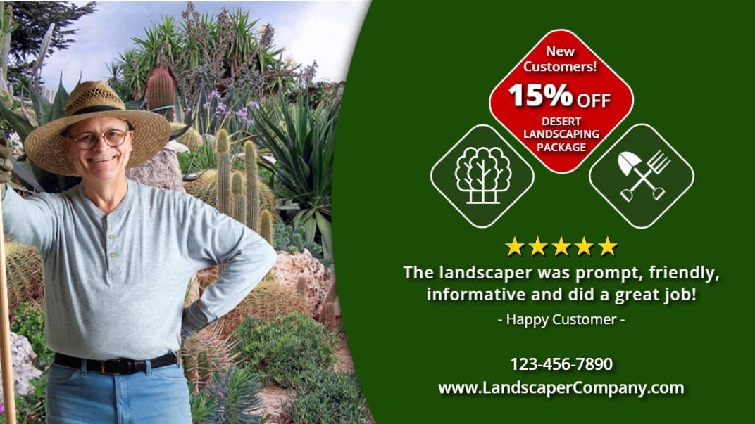 landscaping social media cover with 15% discount offer and a 5 star customer review.