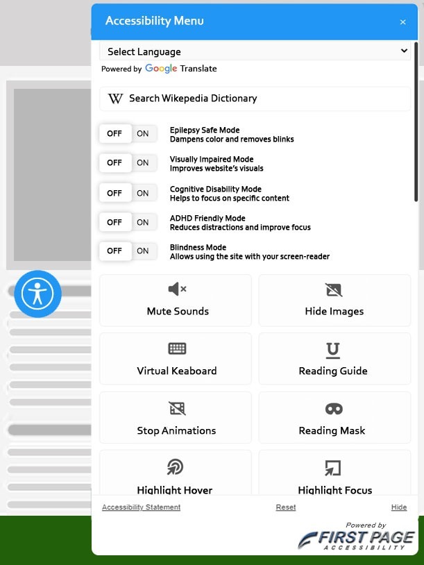 ADA accessibility popup widget, showing some features, for landscaping website.