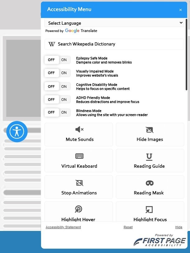 ADA accessibility popup widget, showing some features, for medical services.