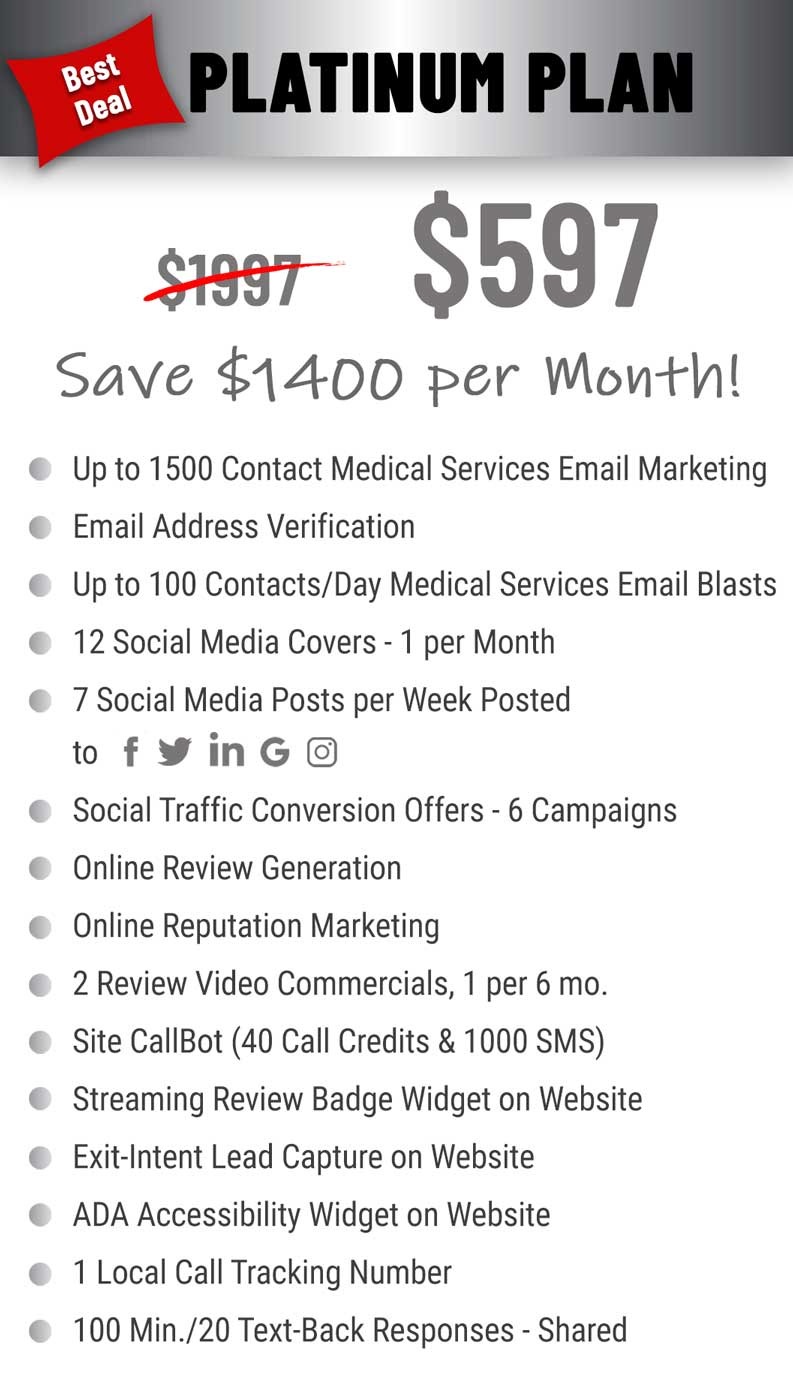 platinum plan $597 per month pricing and features for medical services.
