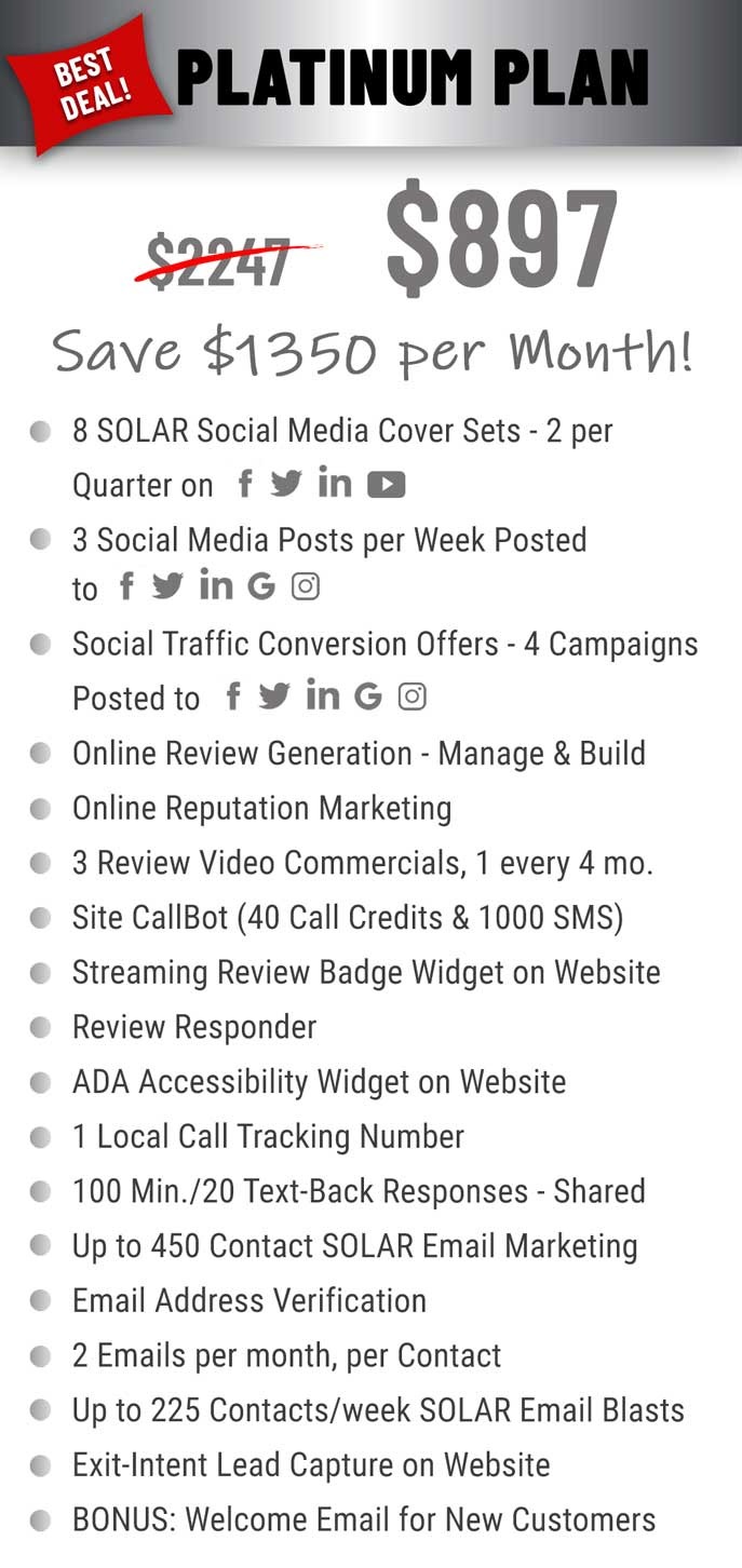 platinum plan $897 per month pricing and features for solar companies.