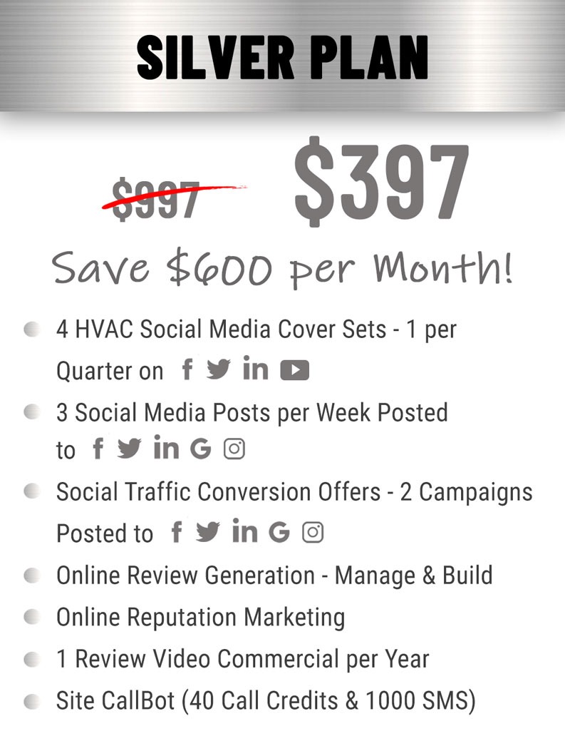silver plan $397 per month pricing and features for hvac companies.