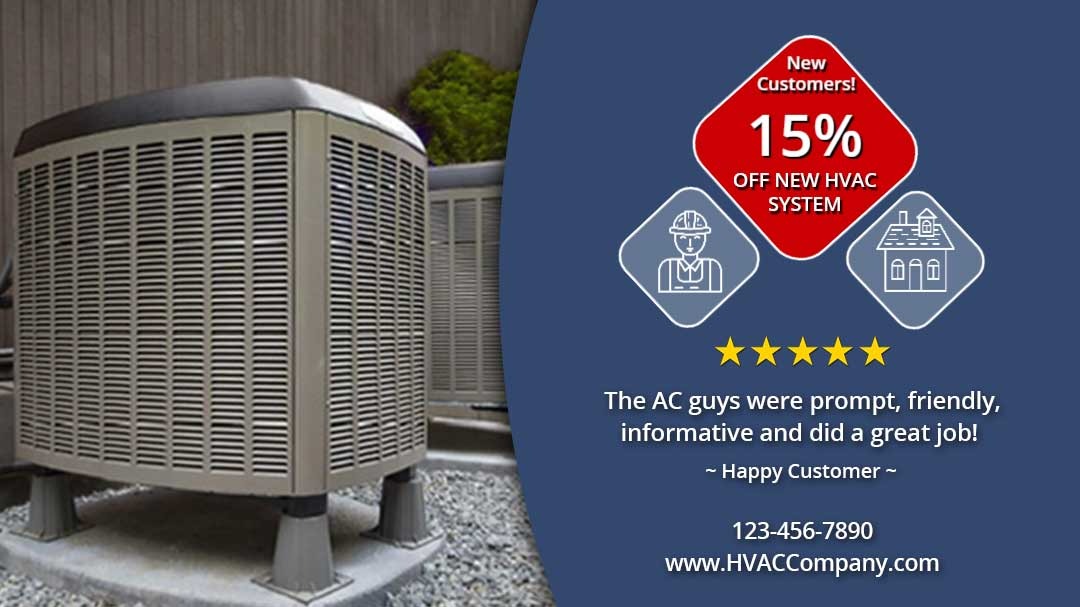 HVAC social media cover with 15% off new HVAC system offer and a 5 star customer review.