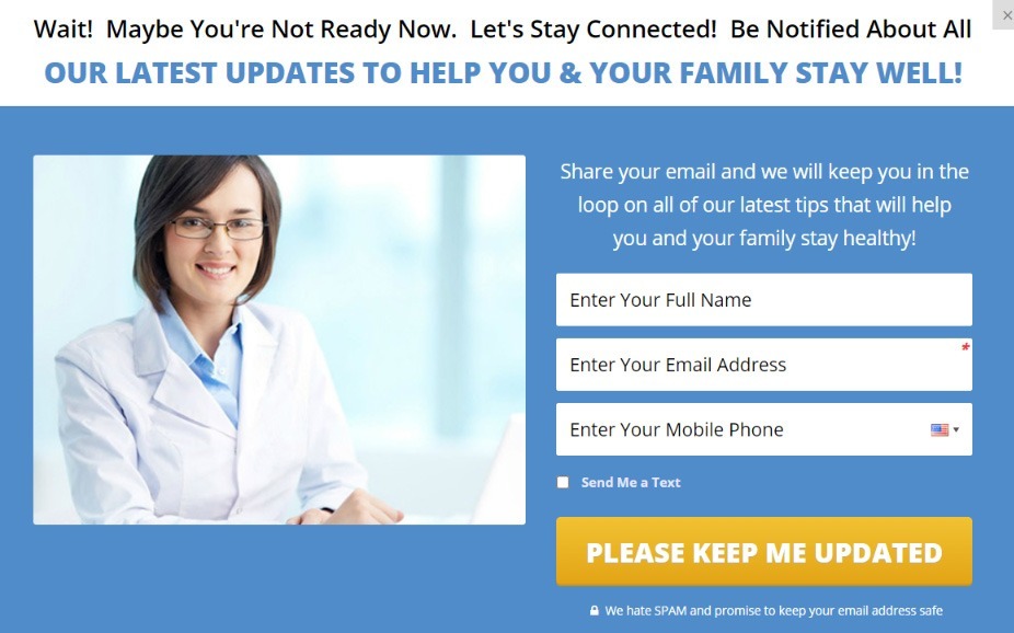 medical services exit popup form on website