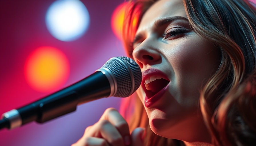 Singer performing under vibrant stage lights, intense focus.