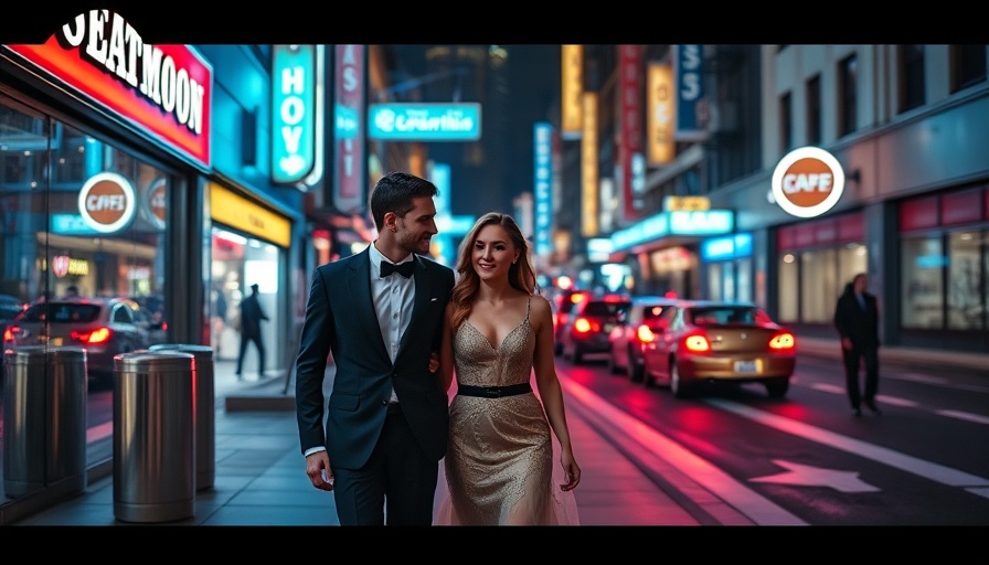 Stylish couple walking in vibrant city nightscape with neon lights.