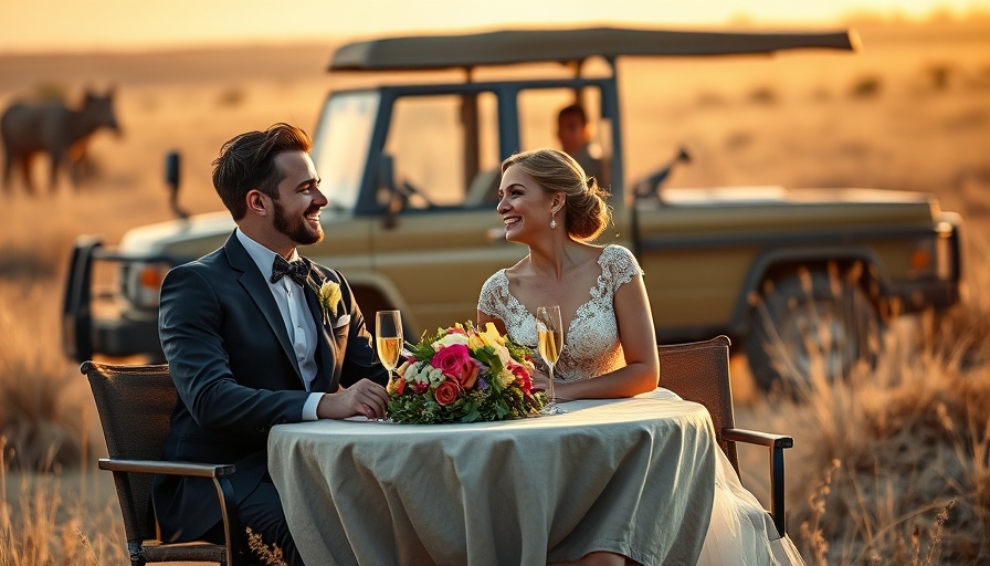 Happy couple at a safari outdoor wedding venue with champagne and flowers.