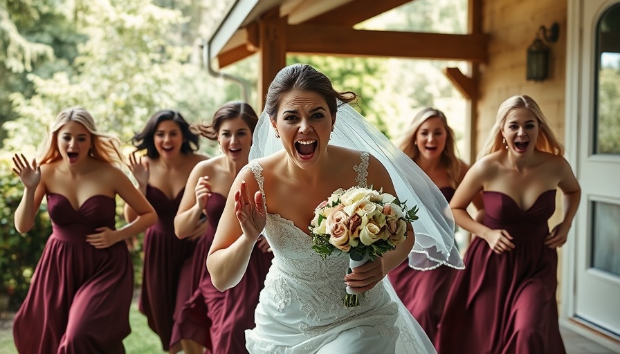 Tornado warning disrupts wedding; bride and bridesmaids rush to safety.