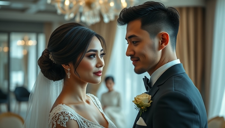 Elegant wedding couple in stylish attire near wedding venue.
