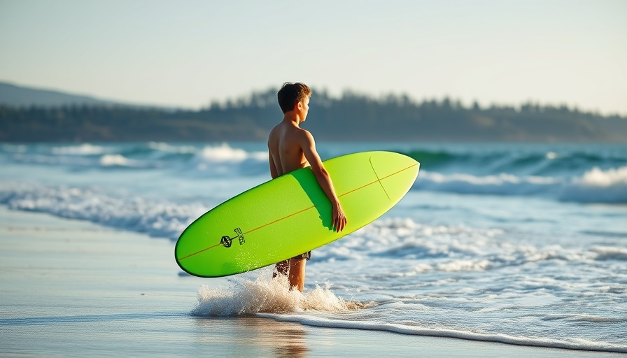 Serene beach scene with surfers and destination wedding venues.