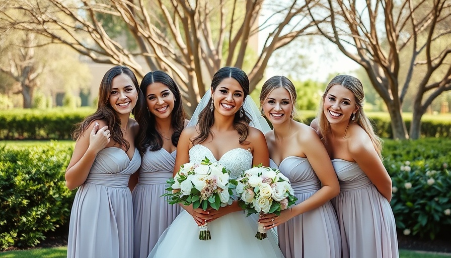 Bride with bridesmaids at wedding venue, outdoor setting.