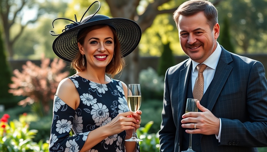 Stylish woman in floral dress and hat celebrating with champagne.