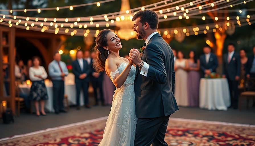 Couple's romantic first dance under soft string lights at wedding.