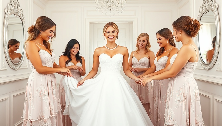Custom wedding dress process with bridesmaids assisting bride.