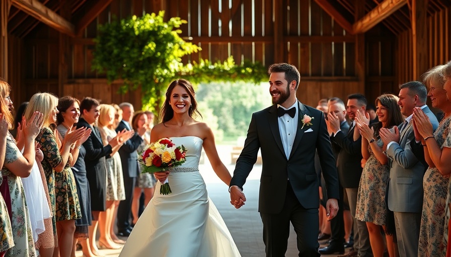 Joyful couple at barn wedding venue, surrounded by guests.